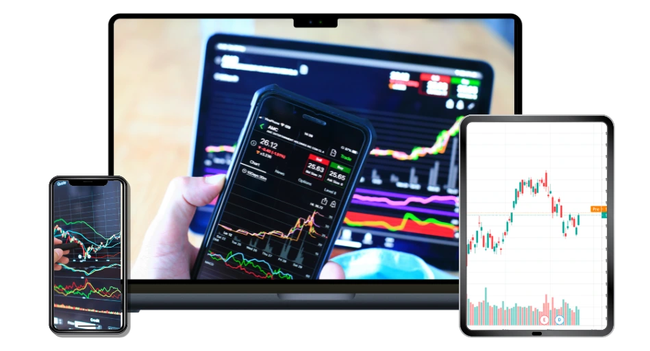Mobile trading app and laptop screen tracking live forex market radar data.